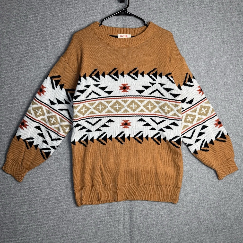 Vintage Mazik Sweater Men's Size Small Brown Aztec Tribal Print Acrylic 1990s